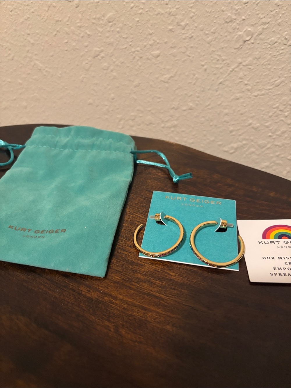 Kurt Geiger Gold Hoop Earrings with Turquoise Pouch